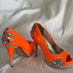 Orange Silver Platform Peep-Toe Heels
